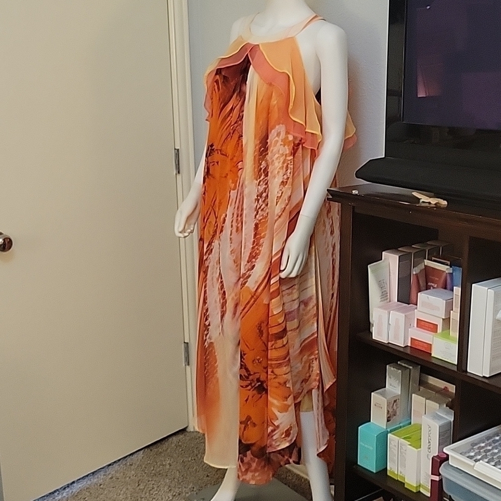 Ashley STEWART Chiffon Abstract Layered Maxi Camisole Bardot Tiki Slip Dress - Picture 2 of 12